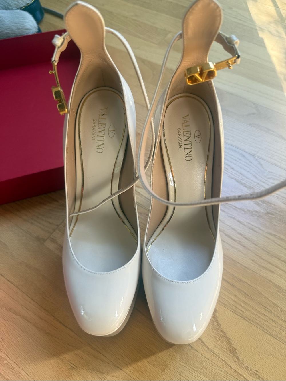 Valentino Garavani Cream Patent Leather Ankle-Strap Pumps with Gold Hardware